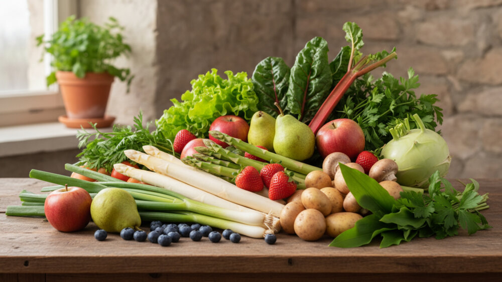 Generiertes Bild aus Adobe Firefly frischen, saisonalen und lokalen Gemüse, Obst und Kräutern, die im Frühling Saison haben