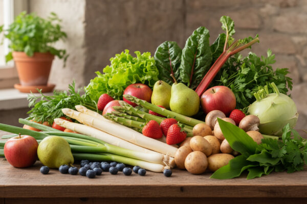 Generiertes Bild aus Adobe Firefly frischen, saisonalen und lokalen Gemüse, Obst und Kräutern, die im Frühling Saison haben
